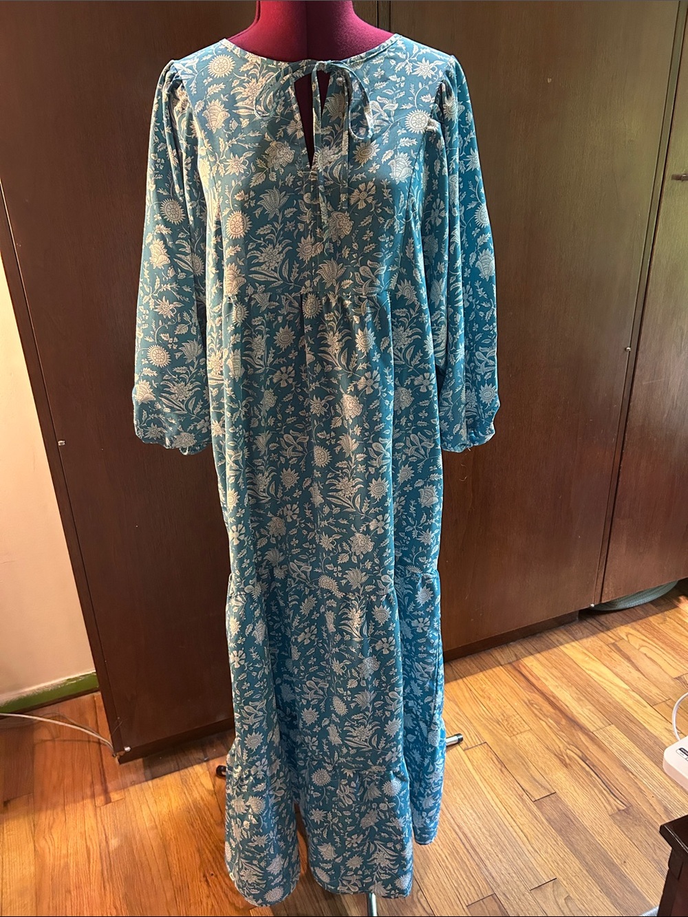Blue Floral Long Sleeve Maxi Dress with Tie Neck